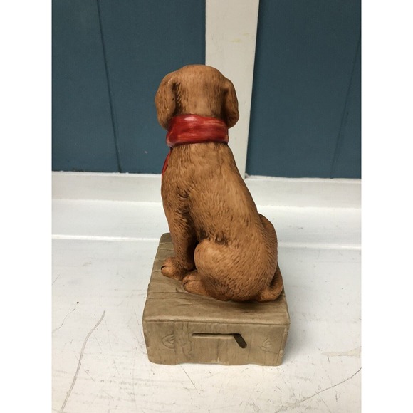 Vtg Gordon Fraser 1984 Ceramic Brown Dog w/ Candy Cane Scarf Christmas Musical - Picture 4 of 8
